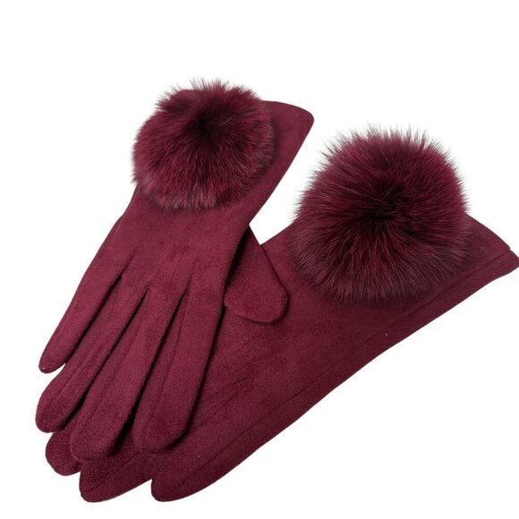 Womens Red Gloves Stretch Faux Suede with Fur Pompoms One Size - Picture 6 of 8